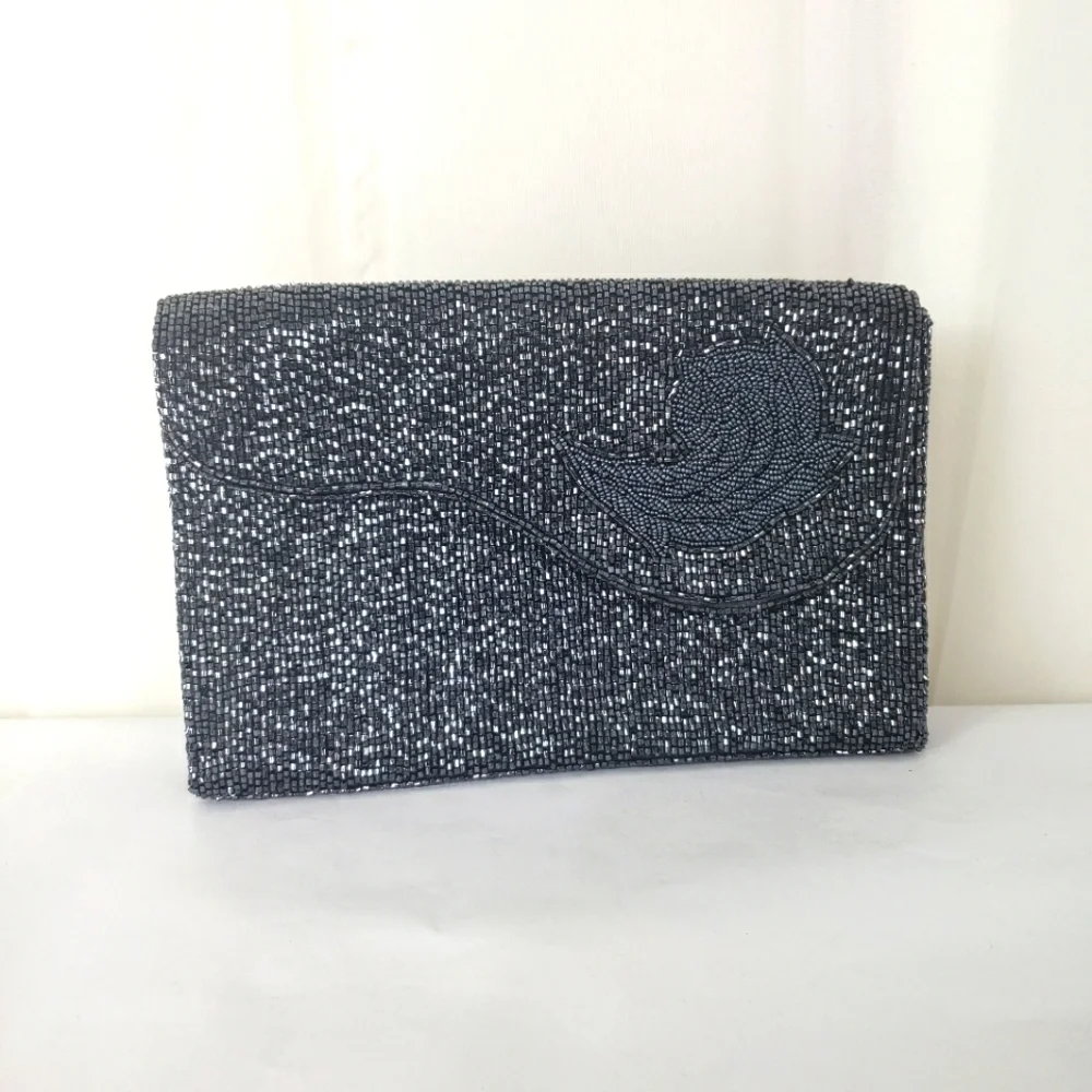 Vintage Genie beaded evening bag clutch pewter silver gray